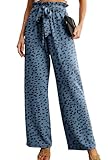 IWOLLENCE Women's Wide Leg Pants with Pockets High Waist Adjustable Knot Loose Casual Trousers Business Work Casual Pants LD Denim Blue Medium