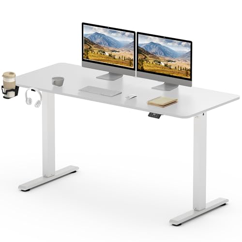 SANODESK Escritorio Elevable Eléctrico 140x60cm con Tablero(con Gancho/Portabotellas), Standing Desk, Escritorio Ajustable en Altura con Tablero, Función de Memoria, para Trabajo/Hogar(Blanco)