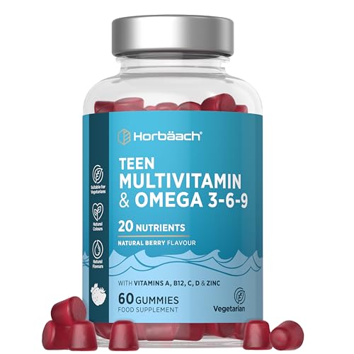 Teen Multivitamin Gummies | 60 Count | 20 Nutrients with Added Omega 3 6 9 | Berry Flavoured Supplement for Teenage Boys and Girls | Vegetarian | By Horbaach