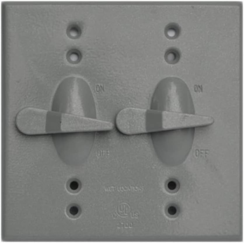 Morris 37291 Weatherproof Toggle Switch Cover, showing two grey toggle switches on a grey plate.