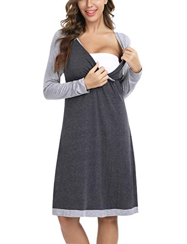 Hawiton Camisón Lactancia Manga Larga Hospital Pijama Embarazada Algodón Invierno Ropa para...