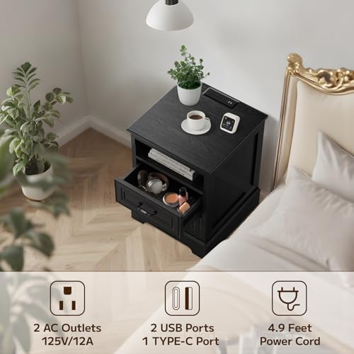 Image of Eongdon Nightstand with Charging Station, 18 inchW x 24 inchH Farmhouse Rustic Bedside End Table , 2 Storage Storage Drawers & Open Compartment, Wooden Side Cabinet for Bedroom, Entryway, Living Room (Black)