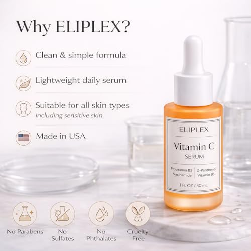 ELIPLEX Vitamin C Serum for Face – Niacinamide (Vitamin B3) & D-Panthenol (Provitamin B5) Enriched with Hyaluronic Acid, Aloe Vera, Hydrating Facial Serum – 1 FL OZ / 30 mL