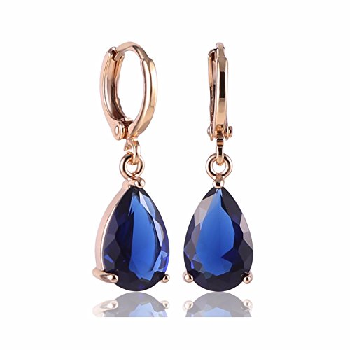 GULICX Gold Tone Blue Teardrop Crystal Cubic Zirconia Leverback Pierced Drop Earrings