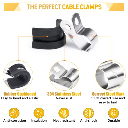 Cable Clamps Assortment Kit, 178 Pcs 304 Stainless Steel Rubber Cushion Wire Clamps, Hose Clamps Pipe Clamp In 7 Sizes 1/4" 5/16" 3/8" 1/2" 5/8" 3/4" 1" With 120 Pcs M5 Screws, Nuts & Wrench #TOP4
