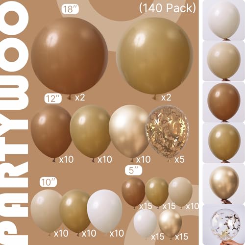 Image of PartyWoo Brown Balloon Arch Kit Garland 140pcs Different Sizes of 18 12 10 5 Inch Dark Brown White Sand Beige Neutral Boho Fall Gold Confetti Balloons for Baby Shower Birthday Safari Party Decorations