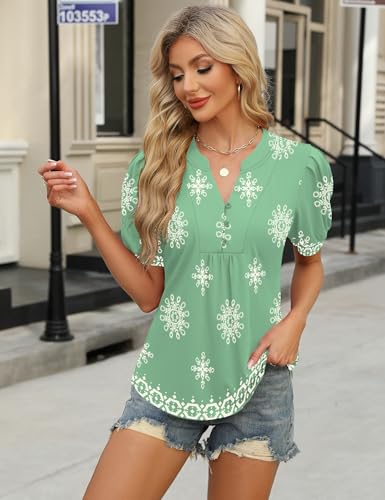 Image of IECCP Womens Tops Puff Short Sleeve Shirts Dressy Casual Henley V-Neck Summer Tops Pleated T-Shirts Loose Fit Tunic Blouses