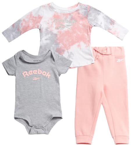 Image of Reebok Baby Girls' Clothing Set - 3 Piece Bodysuit, T-Shirt, and Fleece Jogger Pants - Essentials Clothing for Infants, 0-9M