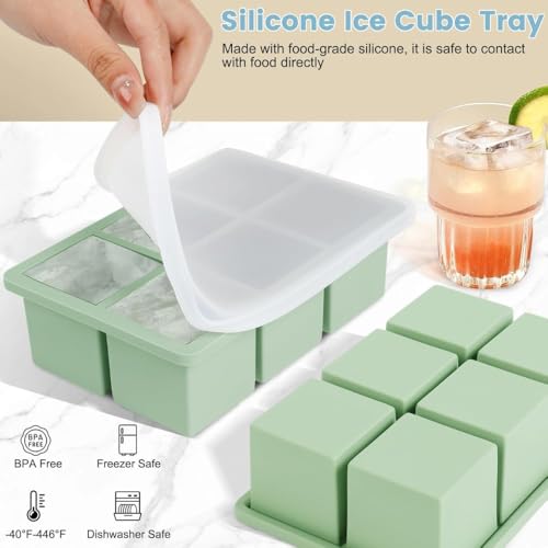 Image of Ice Cube Molds with Lid,Big Silicone Ice Cube Tray for Whiskey,2Inch Square Ice Cube Tray,Easy-Release Ice Mold,Giant Ice Cubes for Bourbon Cocktail (1, Green)