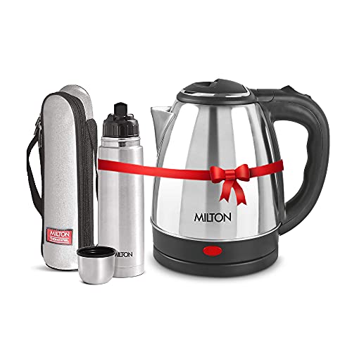Image of Milton Euroline Combo Set Go Electro Stainless Steel Electric Kettle, 1.8 Litres, Silver and Flip Lid Thermosteel Hot or Cold Stainless Steel Water Bottle with Jacket, 500 ml, Silver