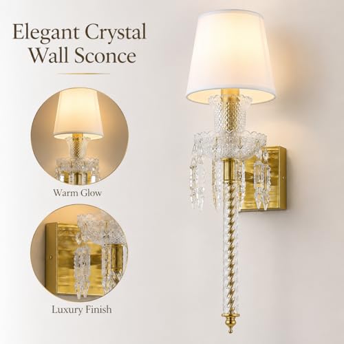 Image of Modern Crystal Wall Sconce with Linen Shade Vintage Crystal Gold Wall Light Modern Glass Golden Wall Lamp for Bedroom, Hallway, Living Room, Mirror