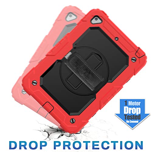Seymac Stock Case For Ipad Mini 5 Case, Shock-Proof [Full-Body] Case With 360 Rotating Stand [Pencil Holder] [Screen Protector] Hand Strap For Mini 5Th/4Th Generation (Black+Red) #TOP2
