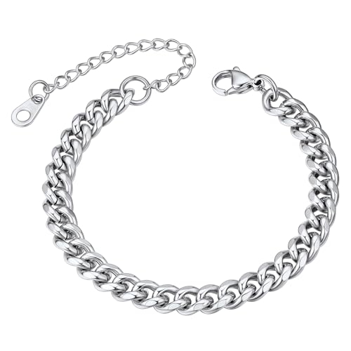 Bracelet Garçon Argent 925 Gourmette Homme Acier Inoxydable Chaine Femme Personnalisé Collier Poignet Fille Maille Cubaine Argenté-6mm Cadeau Noël Fête...