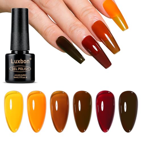 Luxbon 6 pcs Jelly Vernis à Ongles Gel Semipermanent Set - Ensemble de couleurs d’automne Vernis gel d’automne longue durée, uv led Soak Off Nail Art Designs Manucure Kit 020