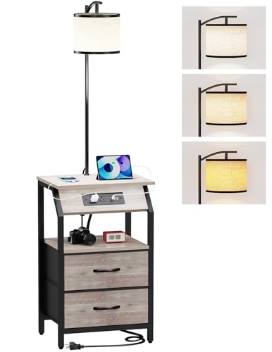 ZHNSYDN End Table with Floor Lamp, Nightstand with Charging Station,