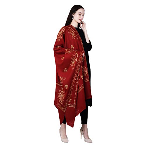 SWI WITH LABEL Chal de lana pura bordado a mano de Cachemira para mujer, Granate, Free Size