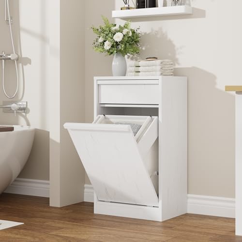 Garvee Single Tilt Out Laundry Hamper Cabinet, Farmhouse Trash Can Cabinet | 1 Storage Basket & 1 Drawer, 10 Gallon Hidden Trash Can Cabinet, for Bathroom, Kitchen, Garbage Can Cabinet, Whit