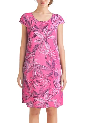 PEKIVESSA Leinenkleid Knielang mit floralem Muster Kurzarm Pink 44 (XXL)