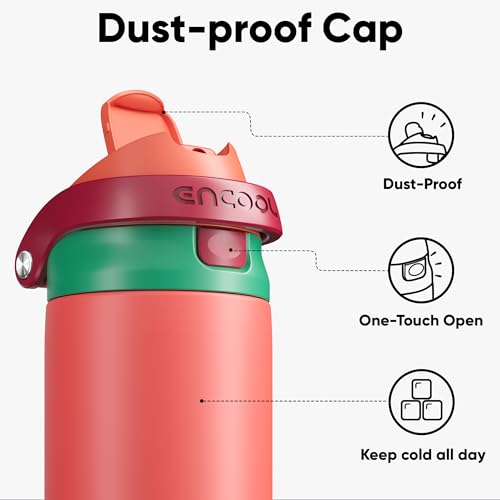 Image of ENCOOL Leakproof Insulated Water Bottle with Straw Dual-Sip Water Bottle Bag-Safe Design for Work, Commute & Gym - Keeps Drinks Cold All Day, 32 oz, Coral Red