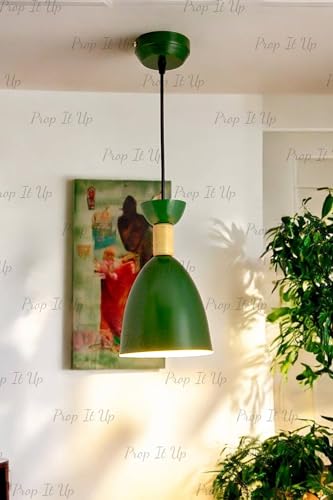 Image of Prop It Up Modern Pendant Light, Green Bell-Shaped Shade, Wooden Accent, Ceiling Mount, Without Bulb