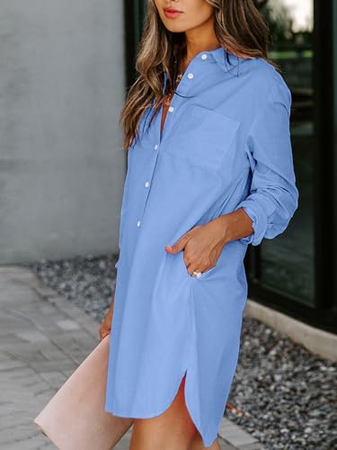Image of Aoudery Womens Button Down Shirt Dresses with Pockets Cotton Button Up Tunics Long Sleeve Solid High Low Blouse Tops-Cyan Blue-L