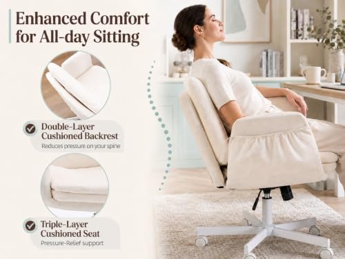 Image of Armrests Criss Cross Chair - Wide Comfy Swivel Vanity Chairs with Wheels, Comfortable Adjustable Home Office Desk Computer Chair for Reading Room, Bedroom, Makeup Room (Beige)