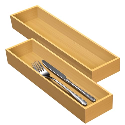 guiogc Bamboo Drawer Silverware Organizer, Flatware Organizers, Multi-purpose Bamboo Storage Box for Kitchen, Offices and Dressing table 11.5" x 3.15" x 1.8" (Set of 2)