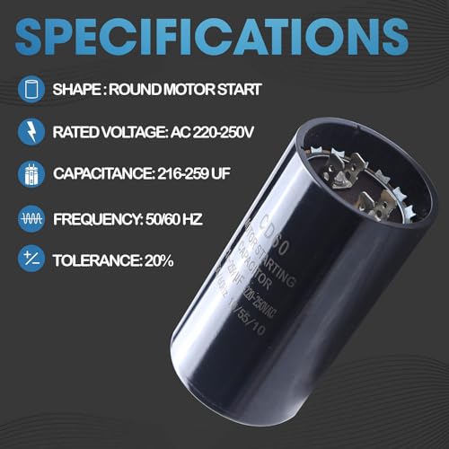 Seentech 216-259 uf/MFD 220-250 VAC ±20% CD60 Round Motor Start Capacitor 50/60 Hz AC Electric Motor Universal Fit for AC Motor Run or Fan Start and Cool or Heat Pump Air Conditioner - Thumbnail 3