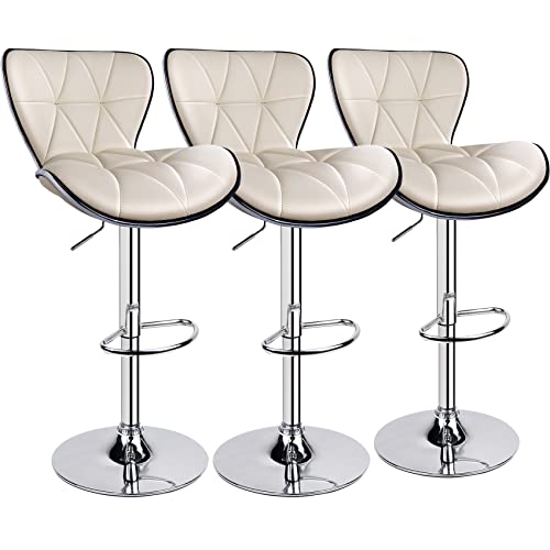Ergodesign Shell Back Adjustable Swivel Bar Stools, Pu Leather Padded With Back, Set Of 3 (Beige) #TOP6