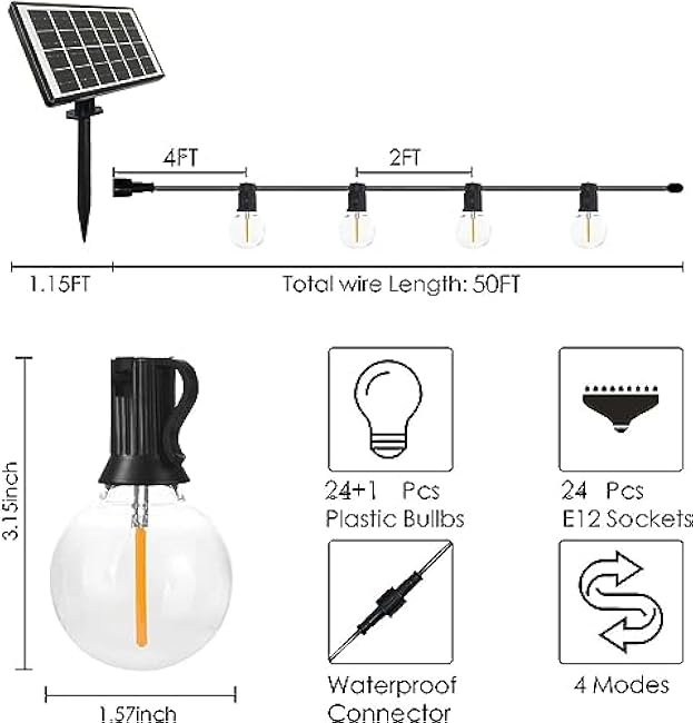 SUNTHIN 50ft Solar String Lights, USB Rechargeable Solar Outdoor Lights with 24 Waterproof & Shatterproof G40 LED Bulbs for Patio, Porch, Garden, Deck, Bistro, Cafe, Camping
