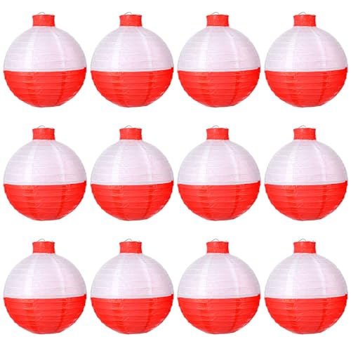 Oqqlin 12 Pcs Fishing Bobber Lanterns, 8 Inch Hanging Fishing Bobber Paper Lantern Round Red and White Hanging Lanterns for Fishermen Themed Party, Festivals, Birthday Decor