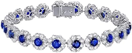Daesar 18K White Gold Charm Bracelets for Women, Chain Bracelets Women Flower 7.7ct Oval Lab Created Sapphire with Diamond White Gold Bracelet 18CM