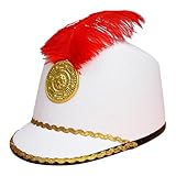 Der Hut ist mit einem Plastikabzeichen und Gold-Zopf verziert und mit einer bunten Feder gekrönt. Sehr auffällig und modisch, wodurch der Träger im Mittelpunkt der Menge steht