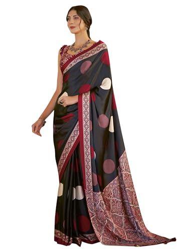 Image of SAREE MALL Women's Ajrkh Print Satin Crepe Polka Dot Printed Saree With Unstitched Blouse Piece