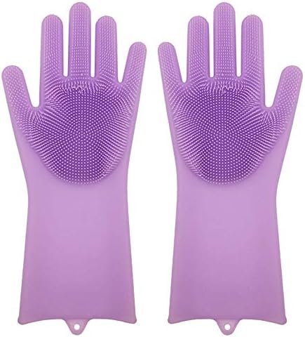 Magic Saksak Reusable Silicone Gloves with Wash Scrubber (13.6" Large, 1Pair), Heat Resistant, for Cleaning, Household, Dish Washing, Washing the Car (Lilac)