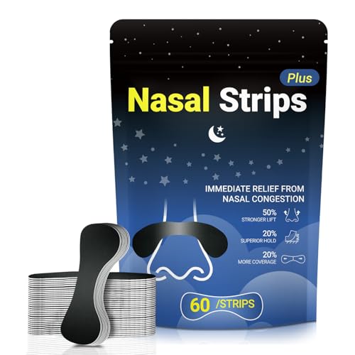 60 Pcs Nasal Strips for Snoring - Extra Strength Nose Strips for Breathing with Strong Adhesion - Sweat Resistant Design for All Day Use - Improvess Sleep and Workout Performance - Black