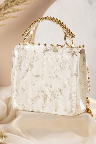 Women/Girl's Embroidered Clutch Bag With Megnetic Closure Handheld Purrse | For Bridal (Gold)