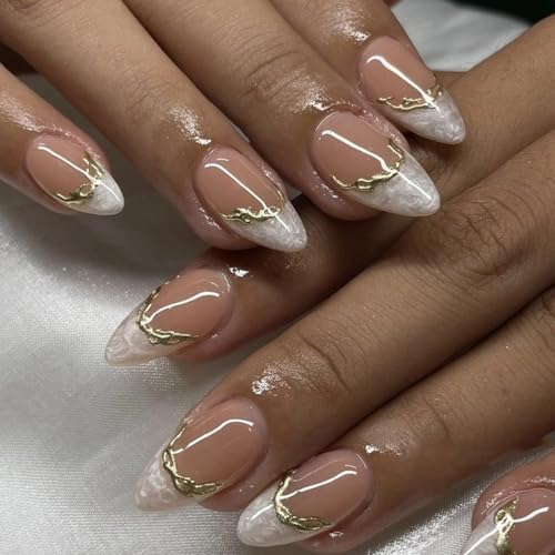 evpct French Tip Press On Nails Short Almond, Nude + Gold Line & ...