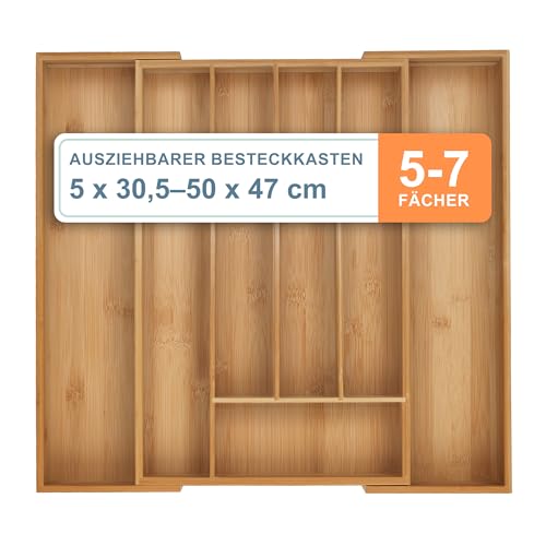 Relaxdays Besteckkasten, 5–7 Fächer, ausziehbarer Besteck Schubladeneinsatz, HxBxT: 5 x 30,5-50 x 47 cm, Bambus, Natur