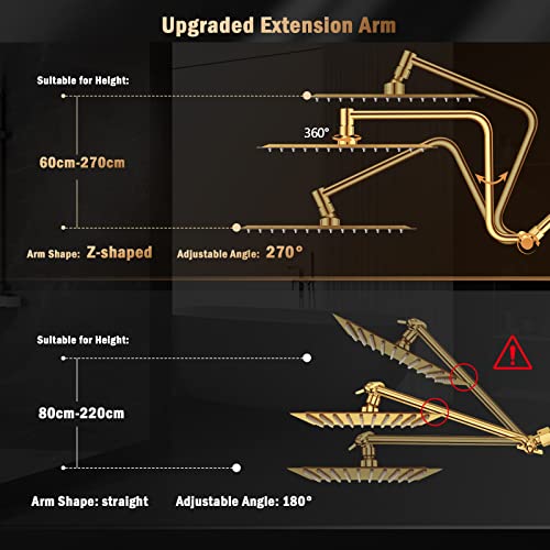 12'' Dual Shower Head,Upgraded Rain Shower Head With 12'' Adjustable Extension Arm And 6-Setting Handheld Shower Head Combo,Powerful High Pressure Shower Spray Against Low Pressure Water,Brushed Gold #TOP1