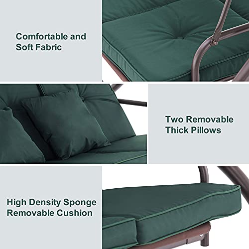 Mcombo 3-Seat Outdoor Patio Swing Chair, Adjustable Backrest And Canopy, Porch Swing Glider Chair, W/Cushions And Pillows, 4068 (Green) #TOP5