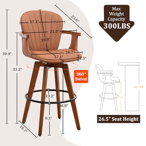 Image of LUNLING 26 inch Counter Height Stools,Mid Century Modern Bar Stools,Brown PU Leather Kitchen Island Stool,Wood High Barstools Swivel with Back and Arms for Home Bar Furniture,1PCS