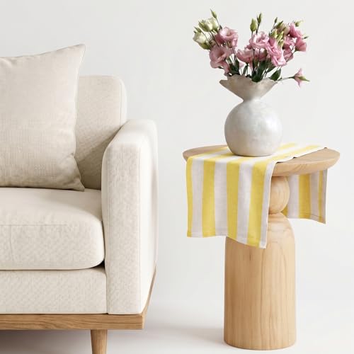 Solino Home Linen Table Runner 36 Inches - Cabana Stripe, 100% Pure Linen Primrose Yellow and White Small Table Runner 14 x 36 Inch Ideal for Dresser and Coffee Tables, Summer by Solino Home - Used condition - Image 2