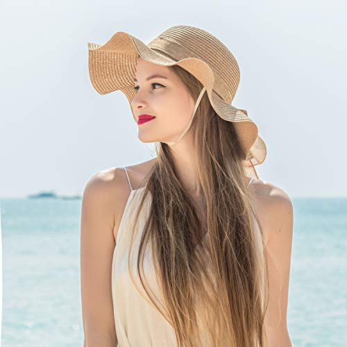 2Pcs Family Matching Summer Beach Sun Hat Wide Brim Parent-Child Straw Hat Bowknot Cap For Women's Baby Girls (Camel) #TOP1