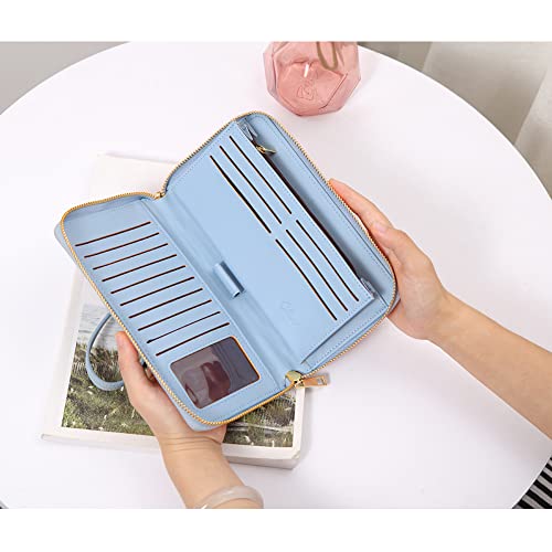 Cluci Women Wallet Large Leather Rfid Blocking Designer Zip Around Card Holder Organizer Ladies Travel Clutch Wristlet Blue #TOP1