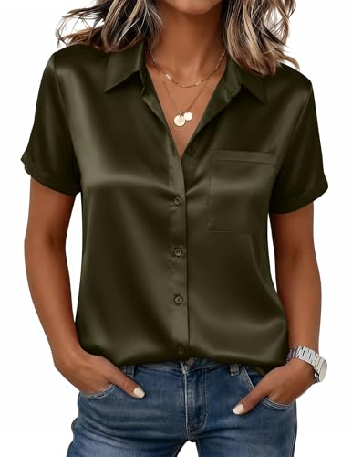 Zeagoo Womens Blouses Short Sleeve Satin Silk Button Down Summer Shirts