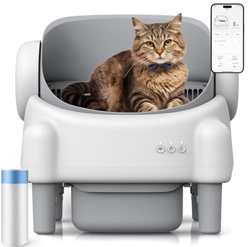Areneiro automático para gatos com abertura superior para vários gatos com controlo de aplicação, sensor de segurança e 2 rodas para areia para gatos, branco e cinzento (MN-1)