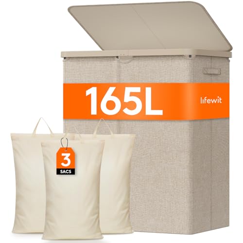 Lifewit Panier a Linge 3 Compartiment 165L, Corbeille a Linge Plastique avec Couvercle, Grand Bac a Linge avec Plastique Poignées et 3 Sacs Amovibles pour Chambre, Salle de Bain, Buanderie, Beige
