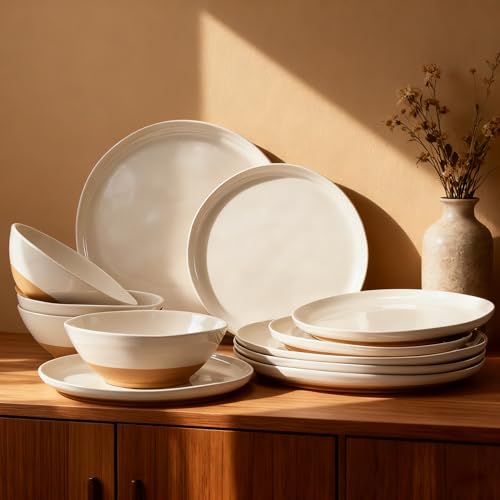 FINE&NICE Melamine Dinnerware Sets of 12 Pcs, Kitchen Plates and Bowls Set for 4, Unbreakable Dishware Sets for Patio, RV and Camping, Dishwasher Safe (White with Brown)