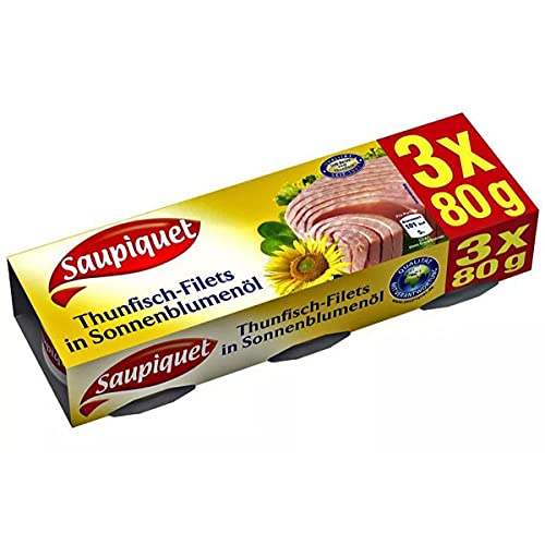 Saupiquet Thunfisch Filets in Sonnenblumenoel | 80g Dose | 3er Pack | Hochwertiger Thunfisch | Geräuchert und entkernt |